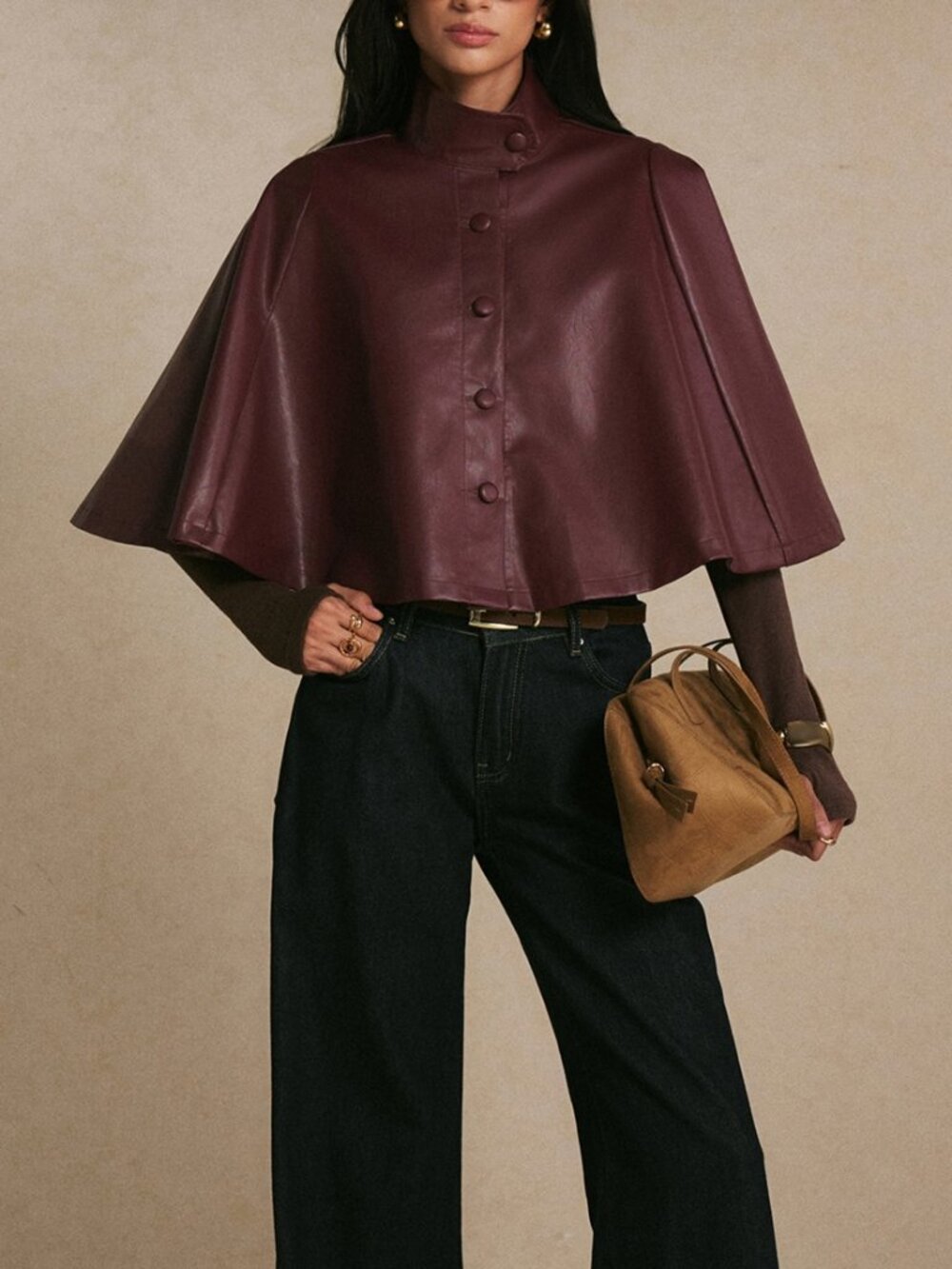 Burgundy Elegant Women's Single-Breasted Cloak Sleeve Cape Coat